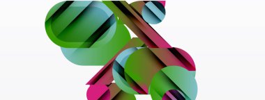 Soyut kompozisyon. Üst üste binen daireler, dikdörtgenler dinamik görsel efekt yaratır. Renkler karışır, beyaz arkaplan karşıtlığı. Modern tasarım.