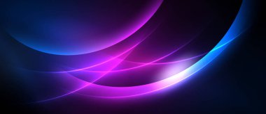 Soyut tasarım dalgalı eğriler, canlı maviler, morlar, pembeler içerir. Işık merkezi noktadan yayılır, dinamik görsel efekt yaratır.