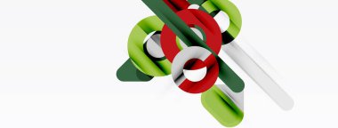 Birbirine dolanmış tüplerin soyut bileşimi. Yeşil, kırmızı, beyaz elementler dinamik görsel etkileşim yaratır. Minimalist tasarım, temiz estetik.