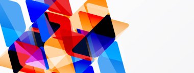 Soyut geometrik şekiller örtüşür, canlı renk karışımları yaratır. Mavi, kırmızı, turuncu beyaz alana hakim. Modern tasarım elementleri dinamik bileşim sunar.