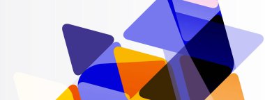 Soyut geometrik şekiller örtüşür, canlı renk bileşimi yaratır. Mavi, turuncu, mor renkler temiz beyaz arkaplana hakim.