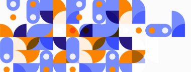 Soyut geometrik desen. Şekiller örtüşüyor, renkli kompozisyon oluşturuyor. Mavi, turuncu, kahverengi tonlar tasarımda baskın. Minimalist stil.