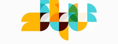 Soyut geometrik şekiller örtüşür, renkli kompozisyon oluşturur. Çemberler, kareler, kıvrımlar modern tasarımı oluşturur. Parlak renkler baskın gelir.