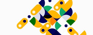 Soyut geometrik şekiller, sarı, mavi, yeşil. Modern tasarım, basit kompozisyon, temiz çizgiler, canlı renkler, neşeli desen.