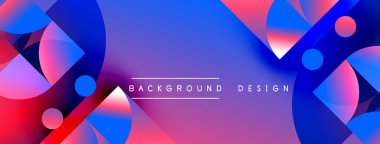 Soyut canlı tasarım, üst üste binen daireler, kareler, gradyanlar. Pembe, mavi, mor renkler dinamik görsel efekt yaratır. Modern estetik.