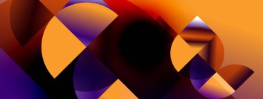 Soyut kompozisyon. Üst üste binen şekiller dinamik görsel efekt yaratır. Sıcak renkler baskın, mor aksanlı. Modern tasarım.