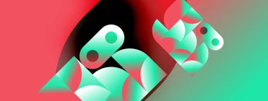 Soyut şekiller harmanlanmış canlı turkuaz, kırmızı renkler. Dinamik bileşim modern görsel etki yaratır. Yumuşak eğimler derinlik ve hareket önerir.