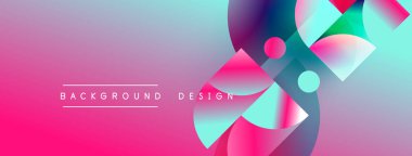 Soyut, enerjik bir arkaplan. Pembe, mor, mavi renkler dinamik şekiller, daireler, üçgenler yaratır. Projeler için modern tasarım ögesi.