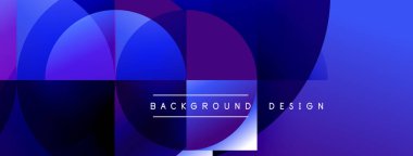 Soyut geometrik şekiller örtüşür, parlak mavi mor renkler yaratır. Metin, kompozisyon içerisindeki arkaplan tasarımını okur.