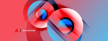 Soyut tasarım, üst üste binen daireler, canlı kırmızı mavi gradyan. Modern estetik, dinamik bileşim, uygun arkaplan ögesi.