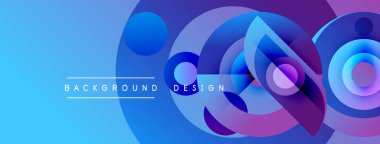 Soyut canlı tasarım, üst üste binen daireler, gradyanlar. Mavi, mor renkler modern görsel etki yaratır. Metin arkaplan tasarımı okur.