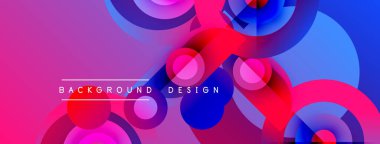 Soyut, enerjik bir arkaplan. Üst üste binen daireler dinamik görsel efekt yaratır. Pembe, mavi, mor renkler kompozisyona hakim. Modern tasarım ögesi.