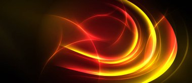 Soyut akış çizgileri, canlı kırmızılar, sarılar dinamik enerji yaratıyor. Koyu arkaplan parlak eğrileri, pürüzsüz eğimleri vurgular.