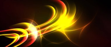 Parlak soyut çizgiler, canlı renkler, dinamik enerji. Sarı, kırmızı renkler çarpıcı bir görsel etki yaratır. Yumuşak kıvrımlar hareketi gösterir.