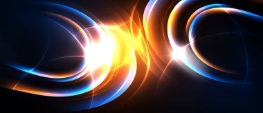 Parlak soyut enerji akar, canlı eğriler kesişir. Mavi, turuncu renkler koyu arkaplana hakim. Dinamik bileşim görsel etki yaratır.