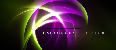 Soyut canlı tasarım parlayan kıvrımlar, gradyanlar içerir. Koyu arkaplan parlak mor yeşil ışık efektlerini vurgular. Modern, dinamik kompozisyon.