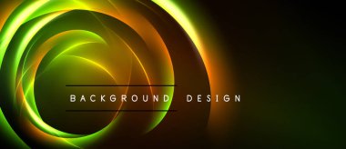 Parlak girdap çizgileri dinamik soyut bir arkaplan yaratır. Yeşil, sarı, turuncu renkler karanlık uzaya karışıyor. Metin arkaplan tasarımı okur.