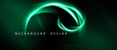 Koyu arkaplanda yeşil kıvrımlar var. Soyut tasarım enerjiyi, hareketi ve gelecekteki hissi çağrıştırıyor. Metin arkaplan tasarımı okur.