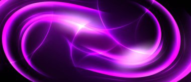 Parlak mor enerji girdapları, soyut döngüler oluşturur. Yoğun ışık merkezden yayılır, koyu arkaplan üzerine kurulur.