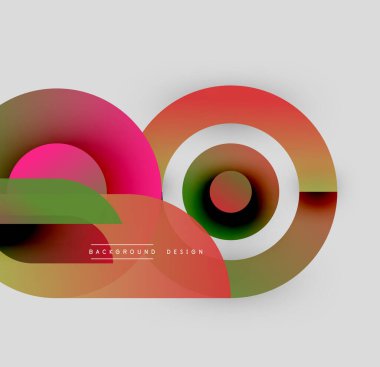 Soyut renkli şekiller çakışıyor. Daireler, dikdörtgenler dinamik bileşim oluşturur. Gradyan renkler harmanlanarak modern tasarım ögesini oluşturur.