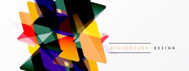 Soyut geometrik şekiller örtüşür, canlı renkli tasarım yaratır. Beyaz alan temiz karşıtlık ve modern estetik sağlar.