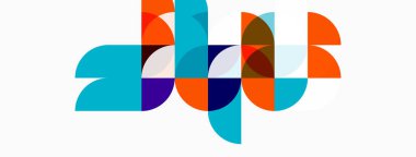 Soyut geometrik şekiller örtüşür, renkli kompozisyon oluşturur. Çemberler, dikdörtgenler, kıvrımlar dinamik görsel desen oluşturur. Modern tasarım.