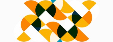 Soyut geometrik desen. Çemberler karmaşık şekiller oluşturur. Turuncu, sarı, deniz mavisi, koyu yeşil renkler beyaz arkaplana hakim. Modern tasarım.