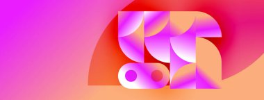 Soyut geometrik bileşim. Pembe, mor renkler tasarıma hakim. Şekiller örtüşür ve dinamik görsel efekt yaratır. Modern estetik.