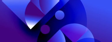 Soyut şekiller, canlı maviler, morlar dinamik kompozisyon oluşturur. Çemberler kesişiyor, modern görsel deneyim oluşturuyorlar.