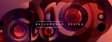 Soyut daireler çakışıyor, dinamik görsel etki yaratıyor. Kırmızı, mor renkler kompozisyona hakim. Modern tasarım ögesi.