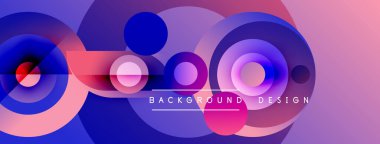 Soyut renkli daireler çakışıyor, dinamik gradyanlar yaratıyor. Pembe, mor, mavi renkler dizaynın baskın rengidir, metin arka plan tasarımı ile.