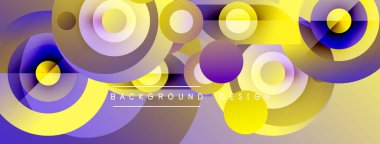 Soyut canlı tasarım, üst üste binen daireler, kıvrımlar. Mor, sarı renkler dinamik görsel efekt yaratır. Modern arkaplan ögesi.