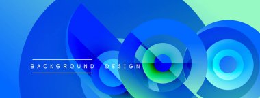 Soyut mavi tasarım, üst üste binen daireler, gradyanlar. Arka planlar, sunumlar, dijital sanat için modern estetik.