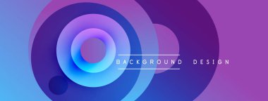 Soyut, enerjik çemberler örtüşüyor ve gradyan etki yaratıyor. Mavi, mor renkler dizaynın baskın renkleri, metin mevcut. Modern, dinamik kompozisyon.
