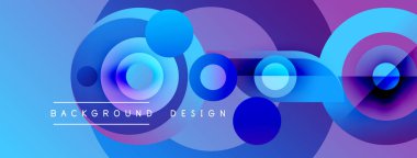 Soyut daireler örtüşüyor, parlak mavi ve mor renkler yaratıyor. Metin, arkaplan dizaynının şekillerin altında olduğunu okur. Modern, dinamik kompozisyon.