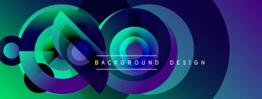 Soyut enerjik tasarım eşmerkezli daireler, akışkan şekiller içerir. Gradyan renkler yeşil, mor, mavi karışımı dinamik görsel efekt yaratır. Metin arkaplan tasarımı okur.