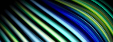 Soyut çizgiler dinamik ve renkli kıvrımlar yaratır. Canlı maviler, yeşiller, sarılar koyu arkaplana karışıyor. Modern dijital sanat.