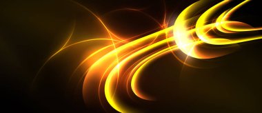 Parlak turuncu çizgiler dönüyor, dinamik enerji yaratıyor. Işık, merkez noktadan karanlık arka plana doğru yayılır. Soyut tasarım hareketi ve sıcaklığı çağrıştırıyor.