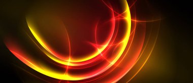 Soyut tasarım canlı turuncu ve kırmızı parıltılara sahiptir. Kavisler kesişiyor, dinamik enerji yaratıyor, karanlık arkaplan parlaklığı arttırıyor.