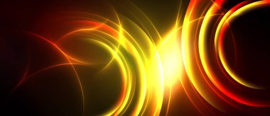 Parlak soyut çizgiler dinamik eğriler oluşturur ve enerji yayar. Sarı, turuncu, kırmızı renkler koyu arkaplana hakim. Yoğun parıltı merkezden yayılır.