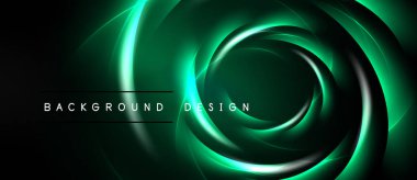 Koyu arkaplan kıvrımlı yeşil neon çizgilere sahip. Soyut tasarım enerjiyi, hareketi, gelecekteki estetiği çağrıştırıyor. Basit metin örtüsü mevcut.