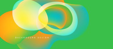Soyut, enerjik şekiller çakışıyor ve akışkan gradyanlar yaratıyor. Yeşil arka plan turuncu, sarı, turkuaz renkleri tamamlıyor. Modern tasarım ögesi.