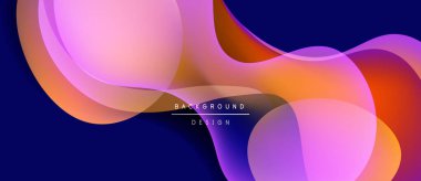 Soyut sıvı şekilleri örtüşür, canlı gradyanlar yaratır. Pembe, turuncu, mor renkler koyu mavi arka planda harmanlanır. Modern tasarım ögesi.