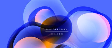 Soyut sıvı şekilleri örtüşür, parlak mavi, turuncu ve pembe renkler yaratır. Arkaplan ve sunumlar için modern tasarım ögesi.