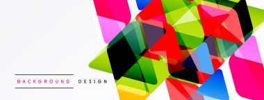 Soyut geometrik şekiller örtüşür, renkli arkaplan oluşturur. Beyaz alan karşıtlık sağlar, modern tasarım ögesi.