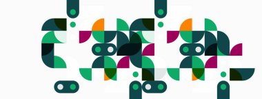 Soyut geometrik şekiller, canlı renkler, modern tasarım. Kompozisyon yinelenen desenler, oyuncu biçimler, temiz estetik.