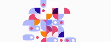 Soyut geometrik şekiller, mor, pembe, mavi renkler. Minimalist tasarım, temiz çizgiler, modern estetik. Kompozisyon biçime, renk etkileşimine odaklanır.