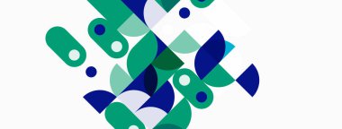 Soyut geometrik şekiller, yeşiller, maviler, beyaz arka plan. Modern tasarım, üst üste binen formlar dinamik bileşim oluşturur.