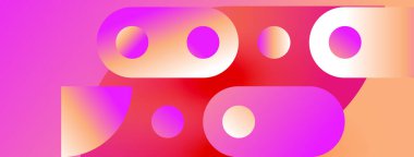 Abstract composition featuring vibrant pinks, purples, oranges. Circles, rectangles overlap creating dynamic visual effect. Modern design.