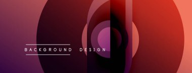 Soyut arkaplan özellikleri katmanlı daireler, gradyan renkler. Mor, turuncu renkler modern tasarım elementi yaratır. Metin arkaplan tasarımı okur.